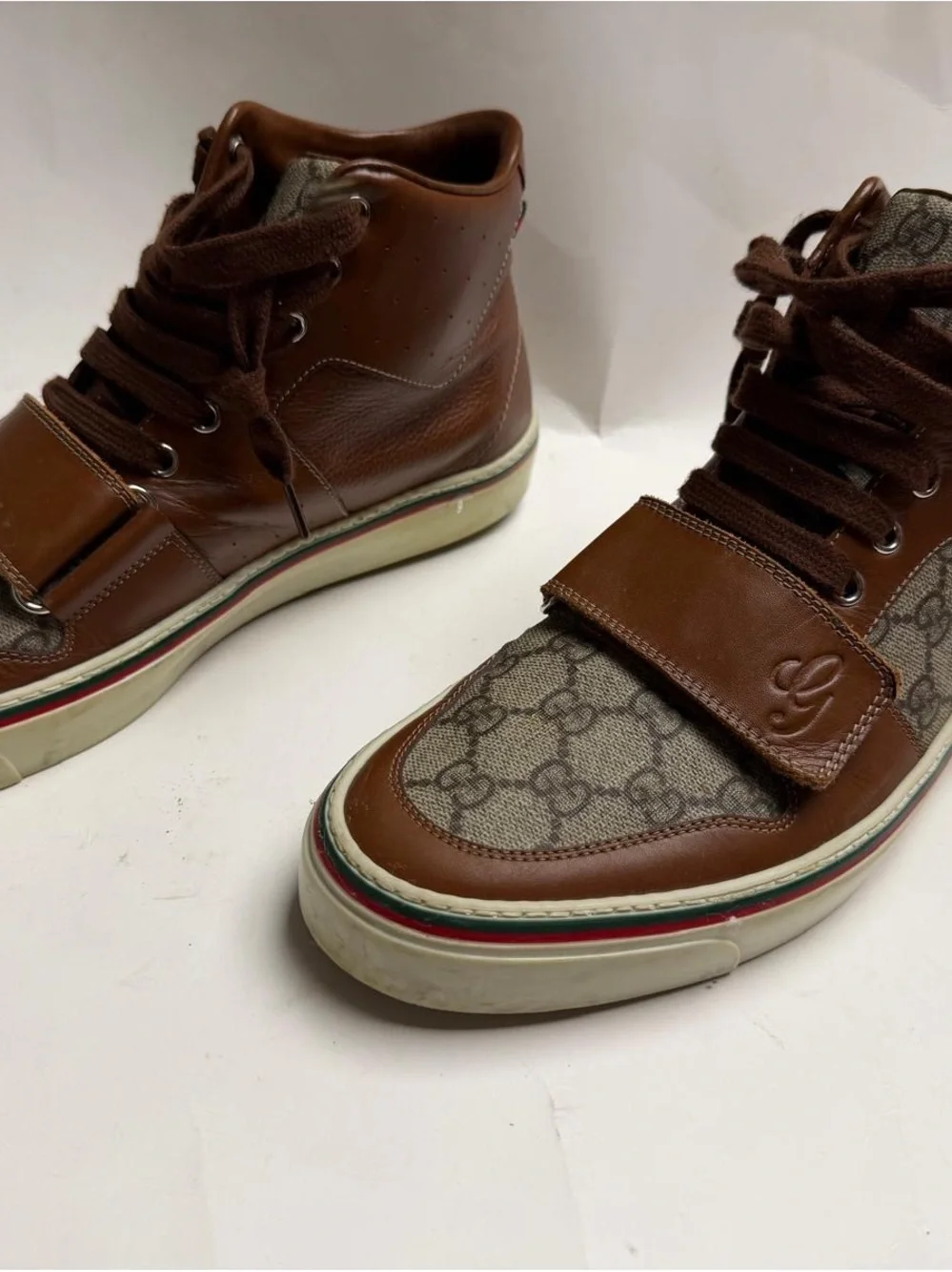 Gucci Brown Leather & GG Canvas High-Top Sneakers